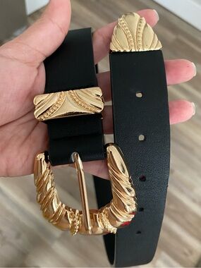 Black Leather Belt with Gold Sculpted Buckle